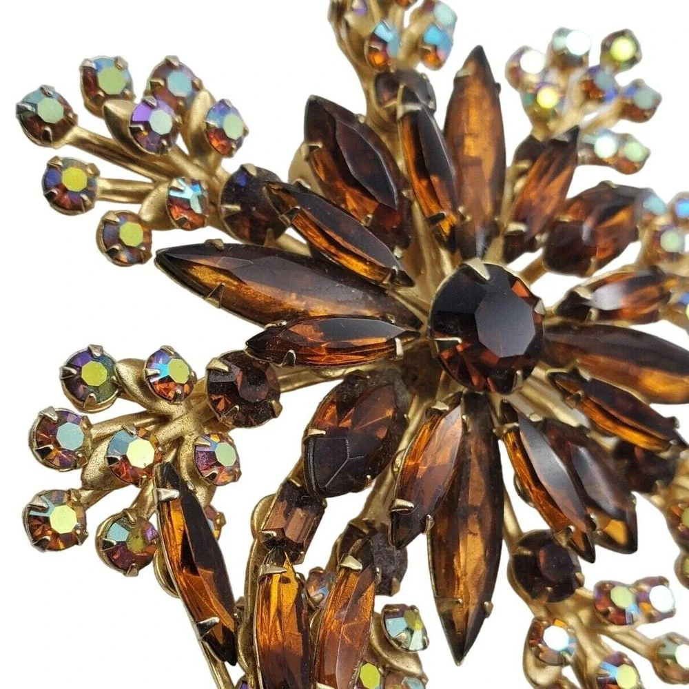 Huge Vintage Brown Rhinestone Brooch AB Floral Spray Flower Giant Oversized Pin